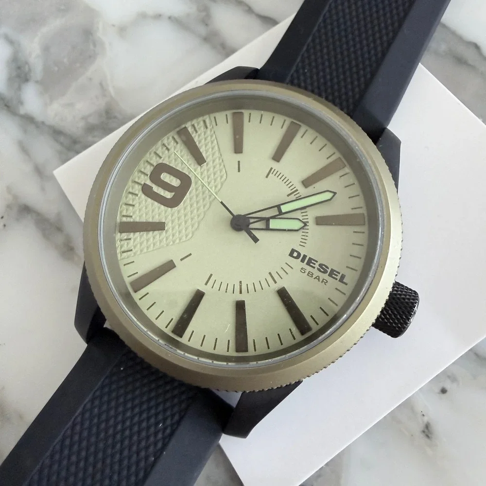 Diesel Rasp Mens Watch Olive Green Dial Black Silicone Strap DZ1875 New 45mm